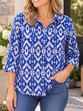 Chico’s 100% Cotton Lightweight Blue White Ikat Print Button Up Shirt Top XL